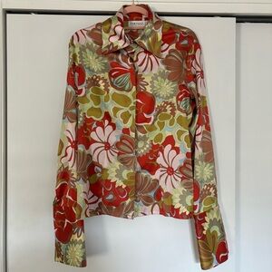 DISCO FABULOUS psychedelic floral silk button down top size 8 Farinaz Taghavi
